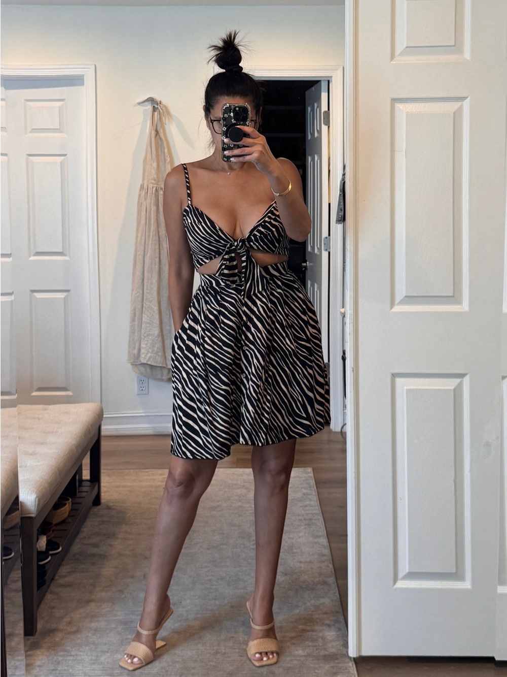 Agua Bendita Black and White Zebra Tie-Front Midi Dress